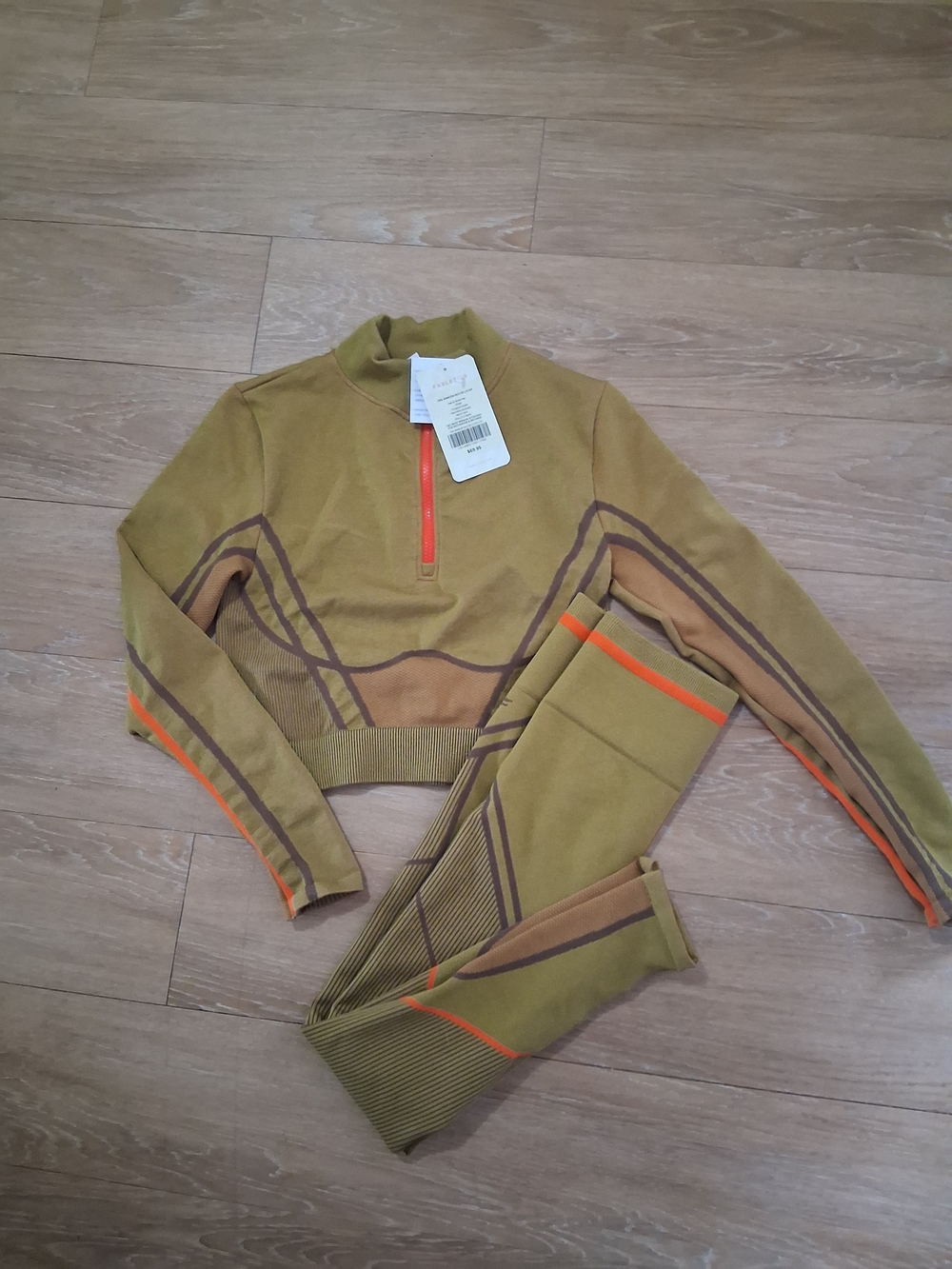 Olive Green Athletic Two-Piece Set with Orange Accents